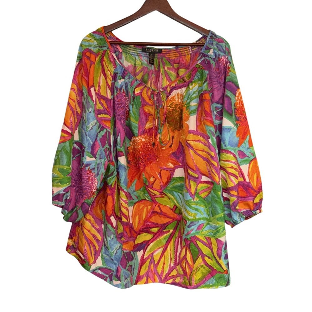 Lauren‎ Ralph Lauren Multicolor Floral 3/4 Sleeve Scoop Neck Women's Top Size 3X
